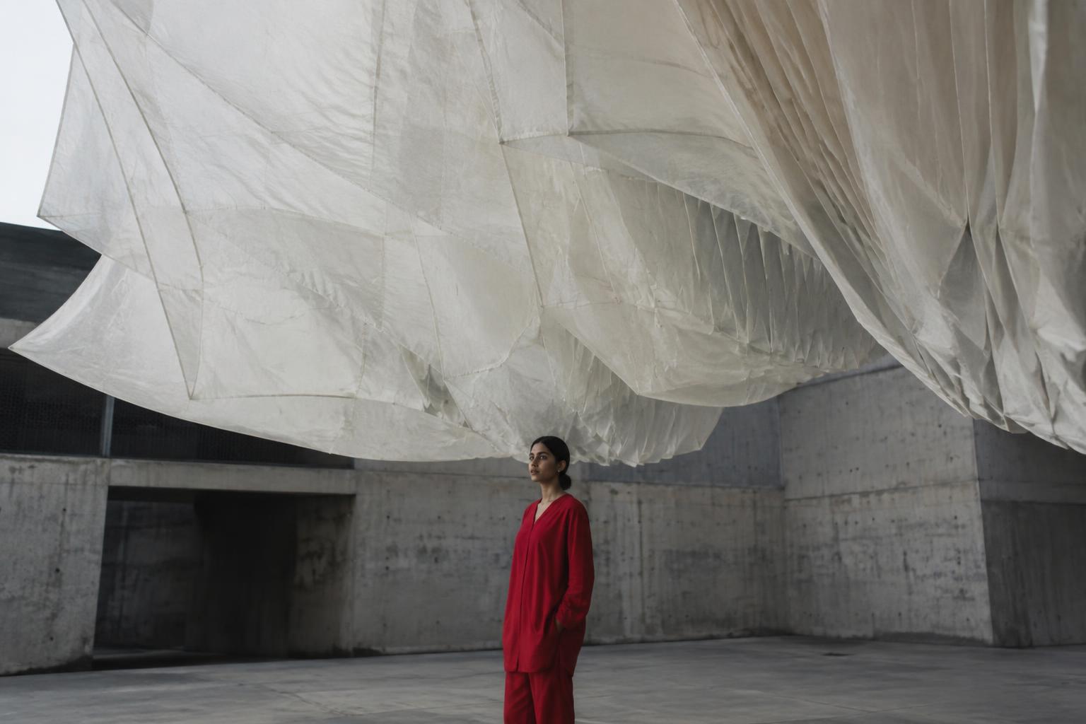 A woman in red holds a flowing white sculpture in a stone courtyard