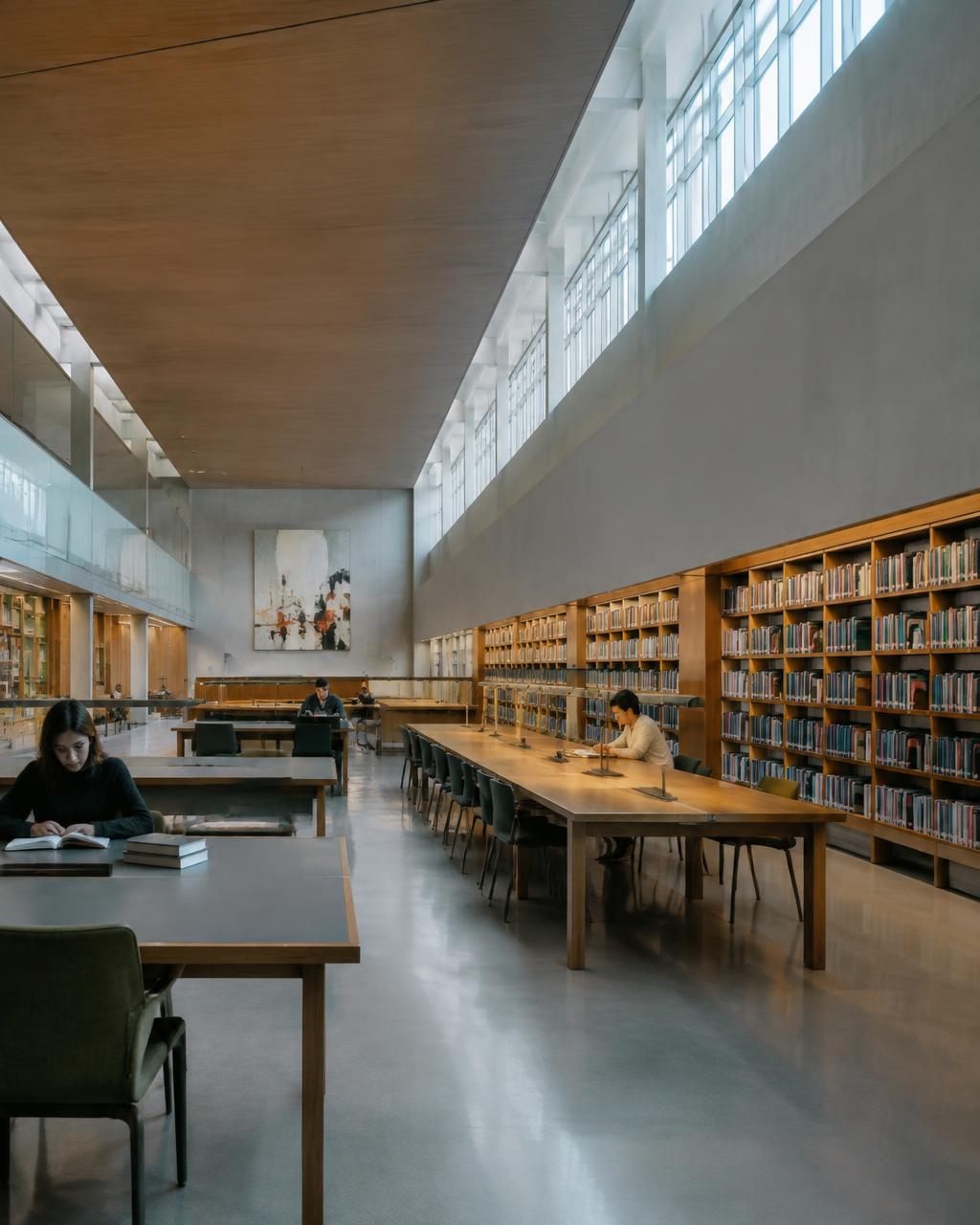Readers sitting at long wooden tables in a luminous library